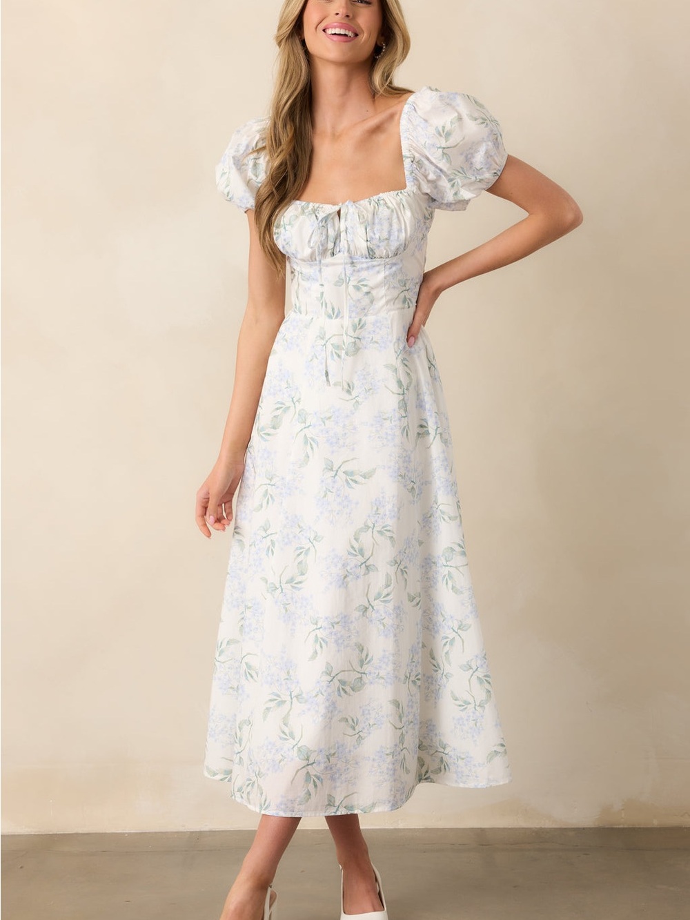 Puff-Sleeve White Floral Midi Dress